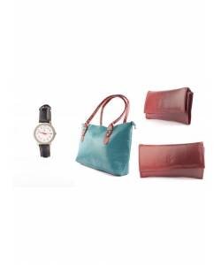Seagreen Handbag + Brown Wallet + Black Strap watch